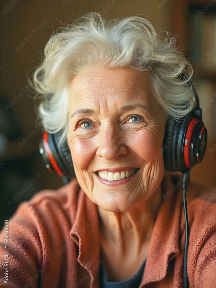 Portrait of elderly woman smiling and listening to the music, senior people, happy expression
