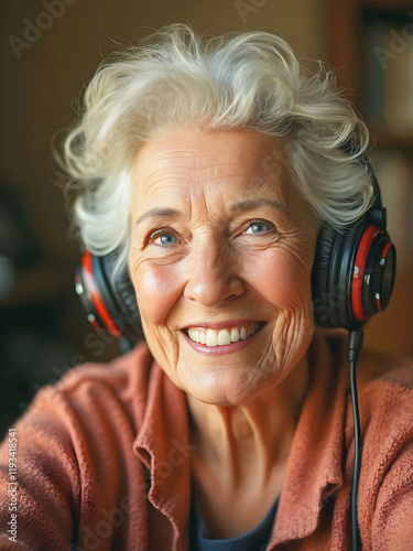 Obraz na płótnie Portrait of elderly woman smiling and listening to the music, senior people, happy expression w salonie
