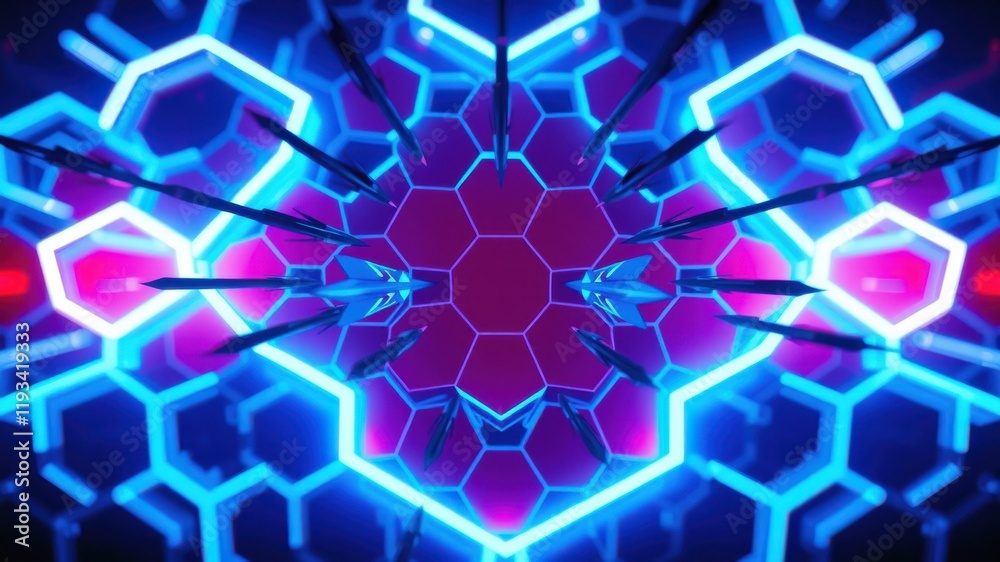 Abstract Neon Hexagon Structure with Arrows Piercing Center Abstract Neon Hexagon Structure with Arrows Piercing Center