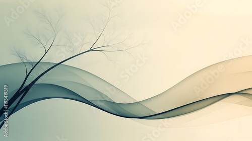 Abstract Artwork Featuring Bare Branches and Flowing Waves