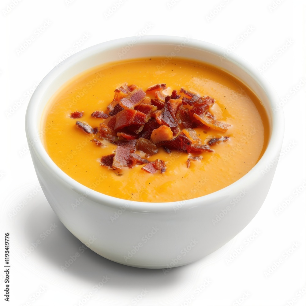 A bowl of creamy sweet potato soup with crispy pancetta topping, isolated white background, contemporary art style A bowl of creamy sweet potato soup with crispy pancetta topping, isolated white background, contemporary art style