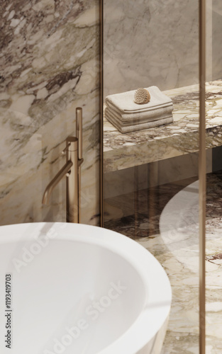 3d visualization of a Luxury Premium Bathroom in natural light and warm Tones Featuring Arabescato Rosa and Carrara marble photo