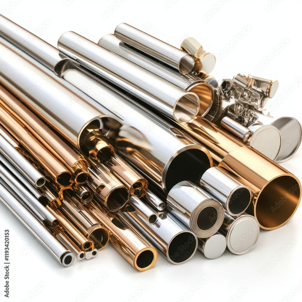 Naklejka premium A close-up view showcasing various types of pipes, highlighting their distinct shapes, materials, and textures for industrial or construction applications.