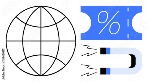 Globe representing international reach, blue discount ticket with percentage symbol, magnet attracting lightning symbols. Ideal for global commerce, discounts, marketing, customer attraction, retail