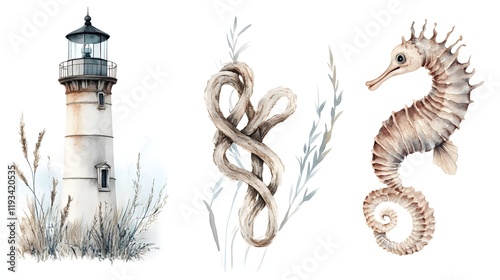 Watercolor Coastal Scene Lighthouse Seahorse Rope Grass
