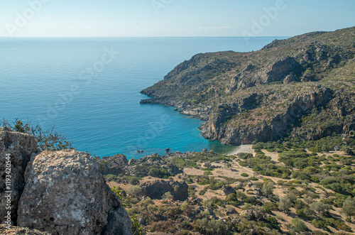 Lissos Bay and ruins of the abandoned village Panagia from above Crete, Greece