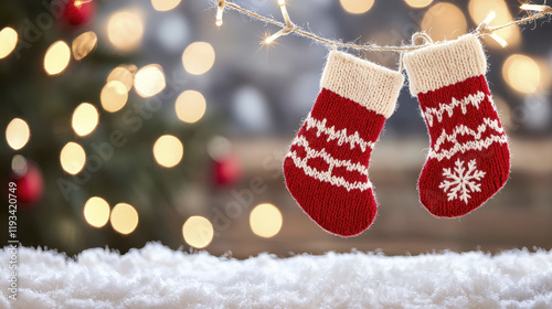 Cozy Christmas mittens hanging with festive lights and snow. Perfect for holiday cheer photo