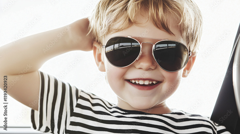 Naklejka premium excited child adjusting aviator sunglasses in backseat, ready for summer vacations