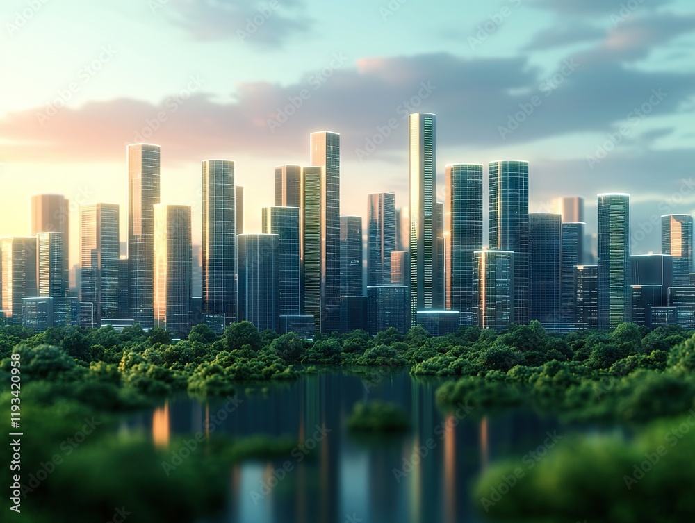 Fototapeta premium Urban skyline sunset reflection modern city digital art serene nature wide angle futuristic concept