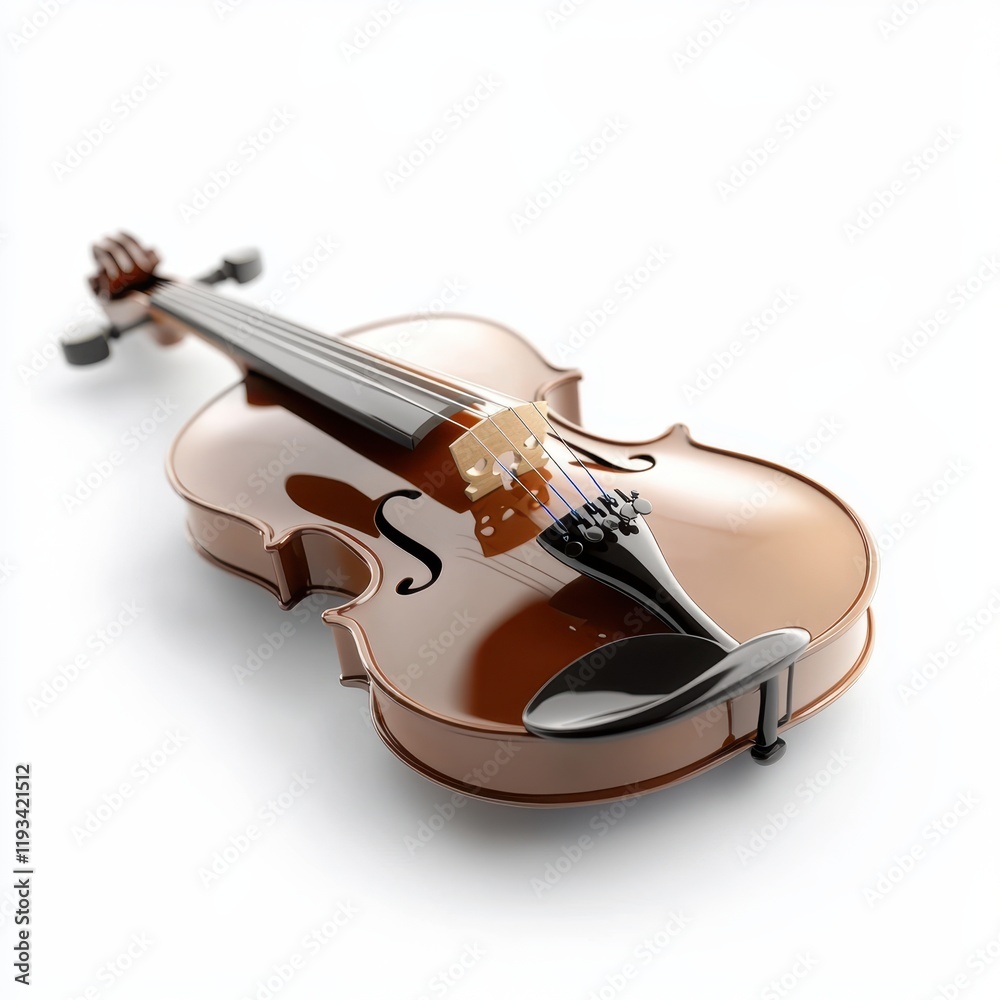 Naklejka premium A violin rests gracefully on a clean white surface, showcasing its elegant curves and rich wood finish, inviting appreciation of its craftsmanship.