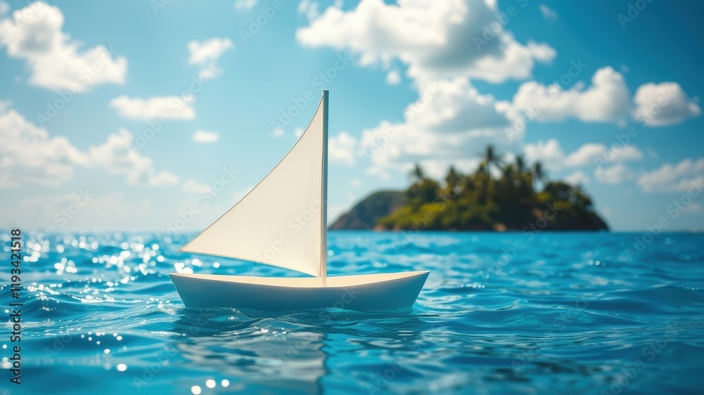 Fototapeta premium Serene summer sailboat floats on tranquil ocean waves near a lush tropical island under a vibrant sunny sky