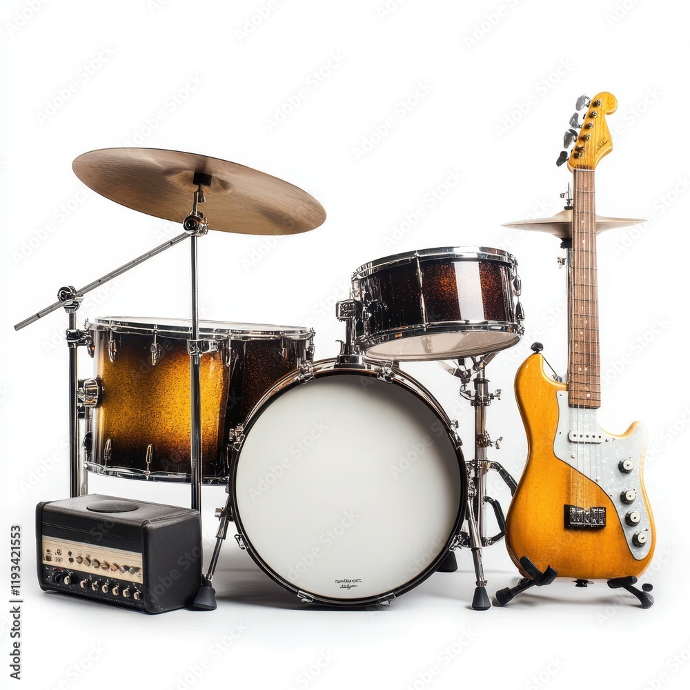 Fototapeta premium A detailed close-up of a guitar, bass, and amplifier showcasing their textures and features in a harmonious arrangement.