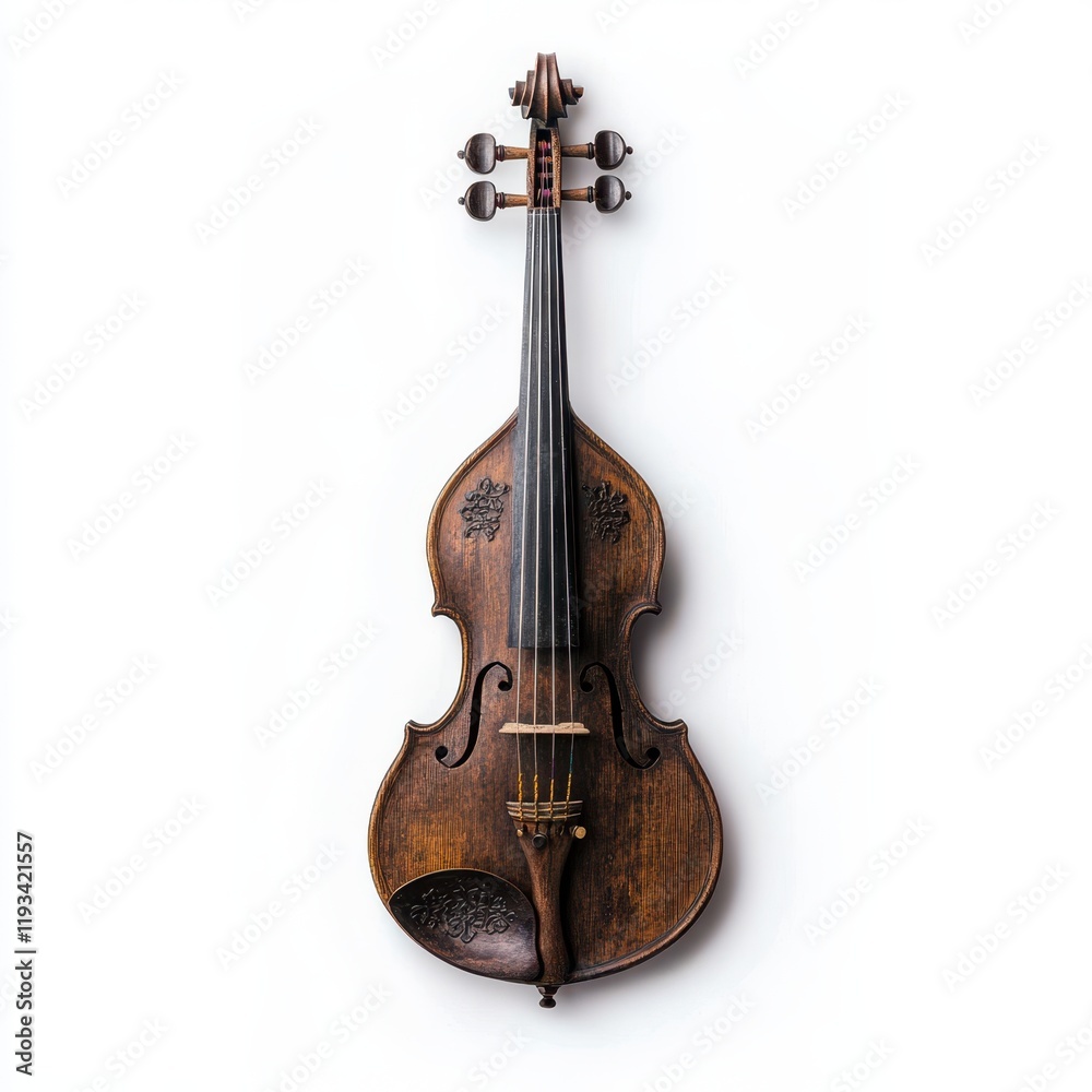 Fototapeta premium Arafed violin displayed elegantly on a pristine white background, showcasing its craftsmanship and design in a minimalist setting.