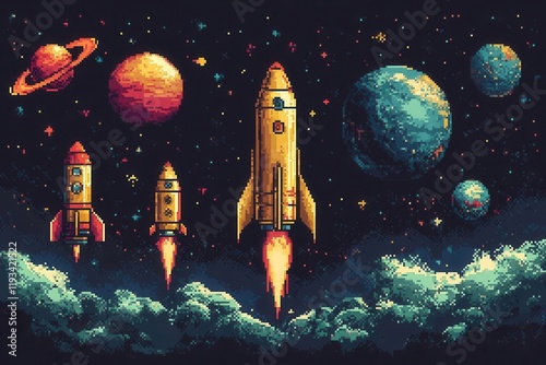 pixel art collection featuring vibrant 8-bit space themes with planets, rockets, and retro game elements, including pixelated navigation buttons and font, reminiscent of classic video games photo