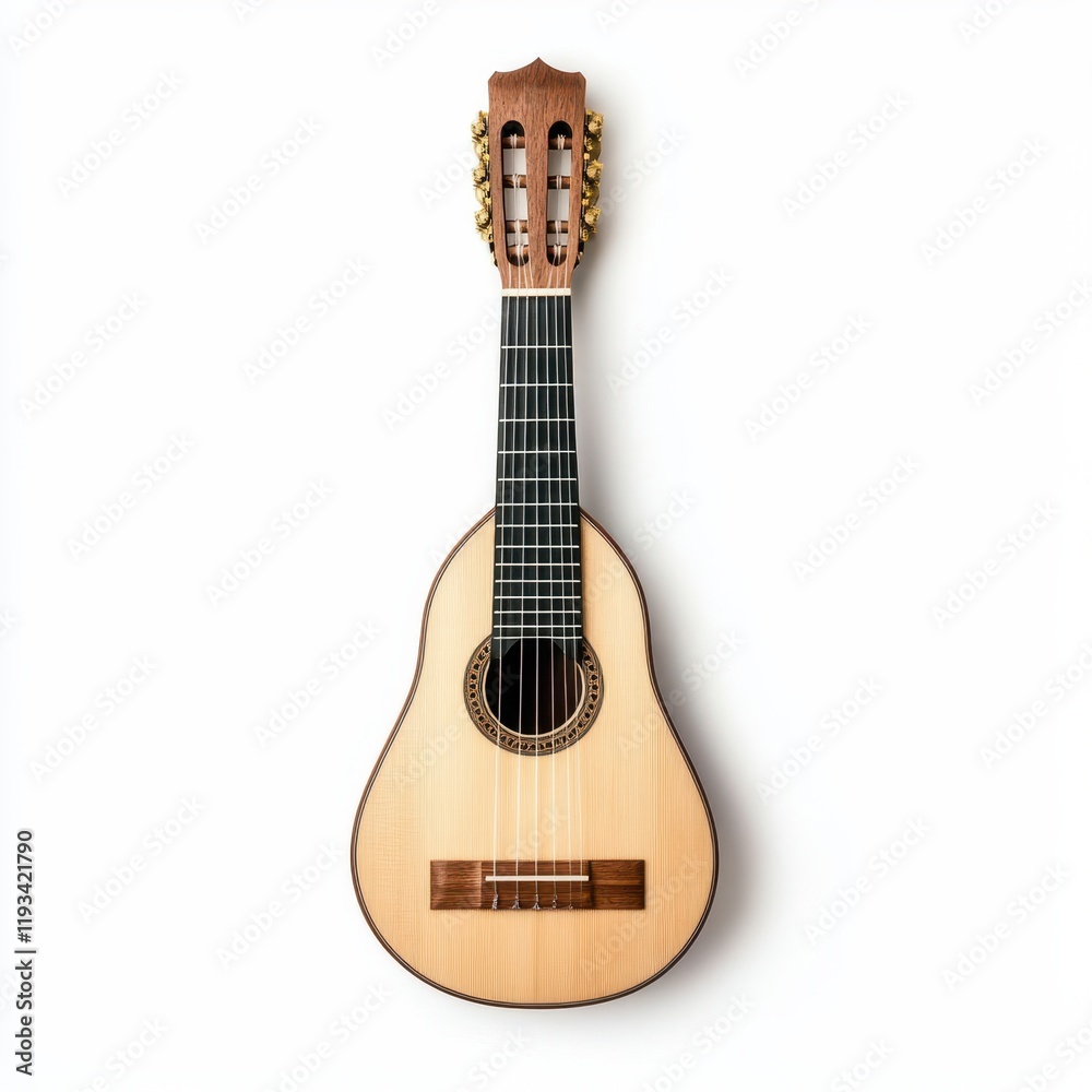 Fototapeta premium A detailed close-up of a guitar resting on a white surface, showcasing its design against a clean, minimalist white background.