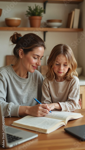 Mother helping daughter with homework at home