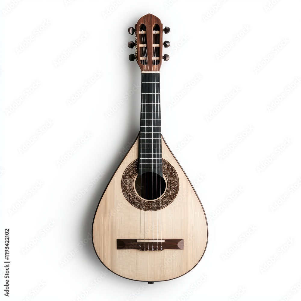 Fototapeta premium A detailed close-up view of a guitar resting on a white surface, highlighting its features against a clean white background.