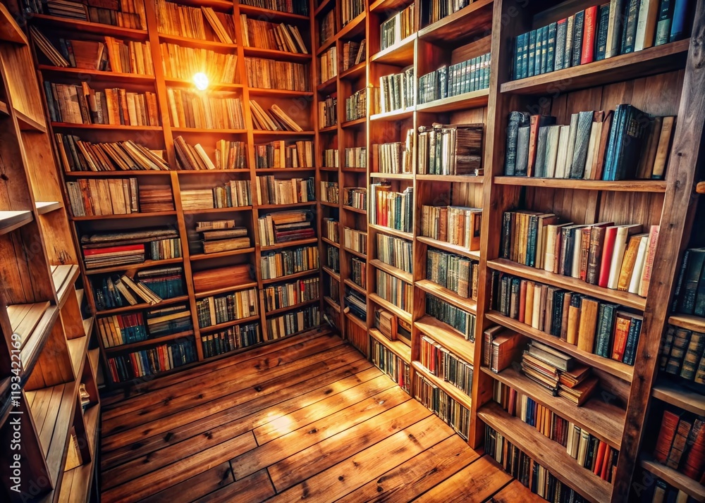 Obraz premium Drone View: Cozy Wooden Bookshelf Filled with Books in Warm Tones, Perfect for Study or Living Room