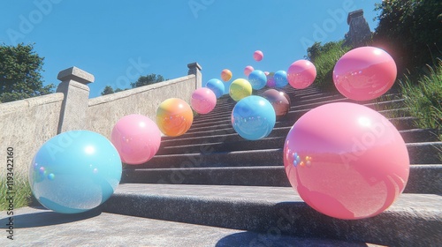 A creative digital scene of vibrant rainbow-colored balls falling down the steps of a city staircase, bringing a splash of color to the urban environment, symbolizing joy and playfulness in the city. photo