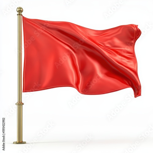 A vibrant red flag prominently displayed on a pole against a clean white background, highlighting its bold color and simple design. photo