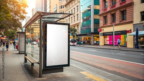 Blank Billboard Mockup at City Bus Stop, Urban Advertising, Public Transportation, Street Scene Outdoor Advertising, Bus Shelter photo