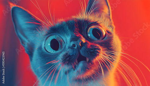 Crazy surprised cat making big eyes, close-up on a colored background photo