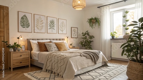 Bohemian Bedroom Decor Neutral Palette, Tropical Leaf Prints, Cozy Textures, Wooden Accents, Plants Bohemian bedroom, cozy bedroom