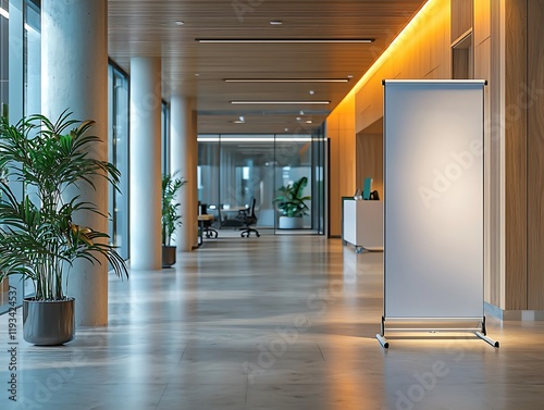 A mockup featuring a roll-up standee banner in an office hall, illustrating how corporate advertising can blend into professional environments.