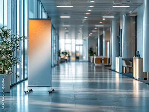 A mockup featuring a roll-up standee banner in an office hall, illustrating how corporate advertising can blend into professional environments.