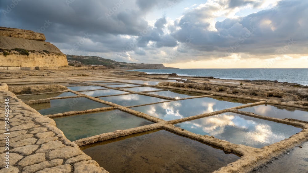 Coastal Salt Pans Cloudy Sunset Reflection, Grid Composition, Malta. Salt evaporation ponds, landscape photography Malta, Seascape Coastal Salt Pans Cloudy Sunset Reflection, Grid Composition, Malta. Salt evaporation ponds, landscape photography Malta, Seascape