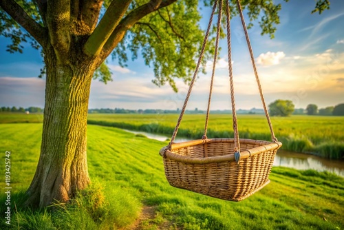 Dutch Countryside: Rustic Swinging Basket in Alblasserdam's Grassy Field photo