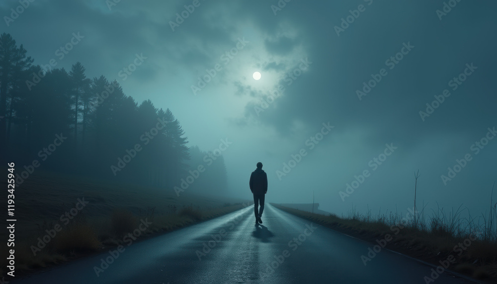 A solitary figure walks down a foggy road, creating a deep sense of mystery and introspection within a dark, atmospheric setting. A solitary figure walks down a foggy road, creating a deep sense of mystery and introspection within a dark, atmospheric setting.