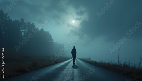 A solitary figure walks down a foggy road, creating a deep sense of mystery and introspection within a dark, atmospheric setting. photo