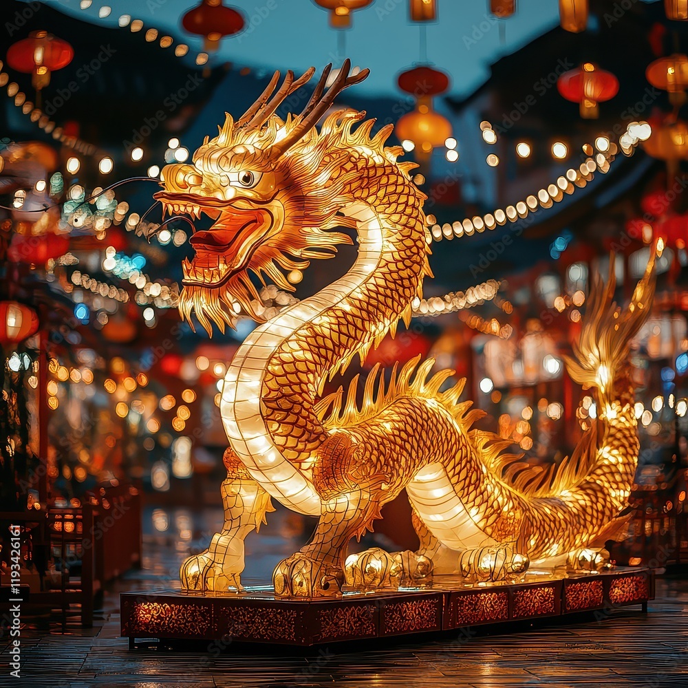 Obraz premium Golden Dragon Lantern Display at Festival with Colorful Lights