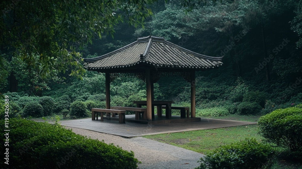 Serene Wooden Gazebo Nestled Within Lush Greenery Serene Wooden Gazebo Nestled Within Lush Greenery