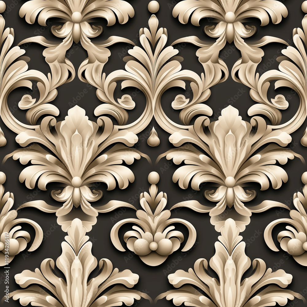 Damask seamless pattern motifs Elegant floral damask pattern on a dark background, showcasing intricate detailing and texture. Damask seamless pattern motifs Elegant floral damask pattern on a dark background, showcasing intricate detailing and texture.