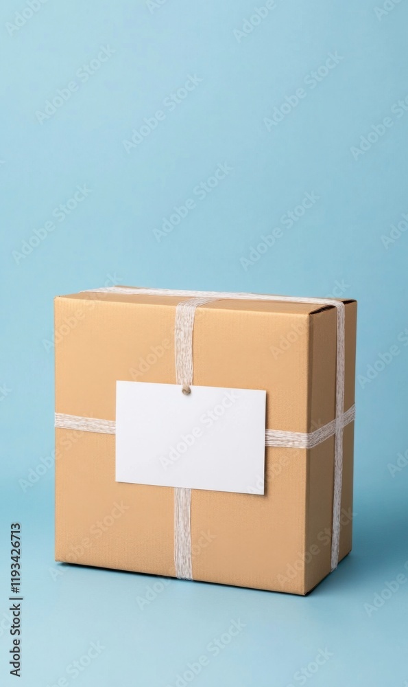 Obraz premium Plain kraft gift box with blank tag on pastel blue background, ideal for packaging and presentation ideas