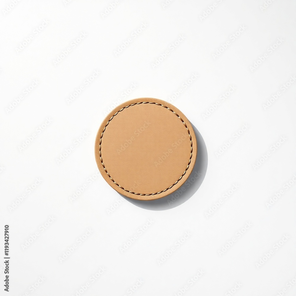 Round beige leather badge isolated. white background. Round beige leather badge isolated. white background.