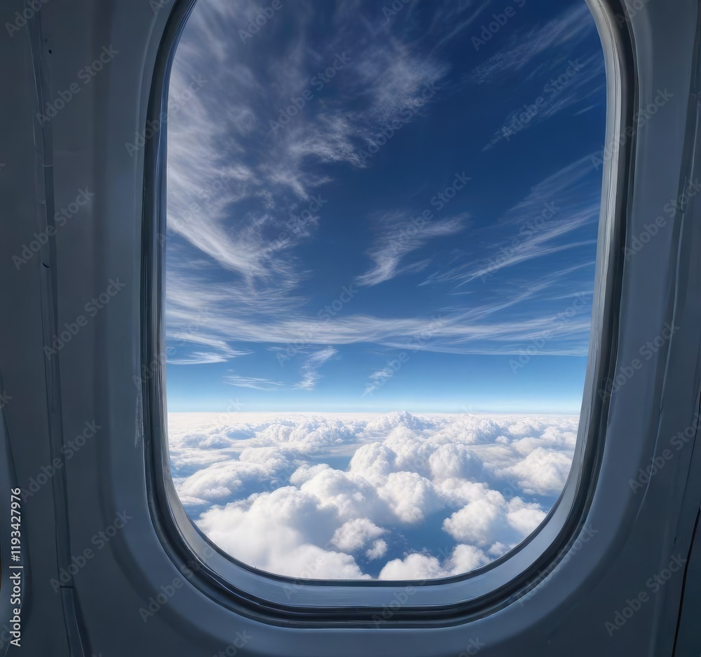 A wispy cloud drifts across the brilliant blue expanse of a plane window, aerial view, horizon, depth A wispy cloud drifts across the brilliant blue expanse of a plane window, aerial view, horizon, depth