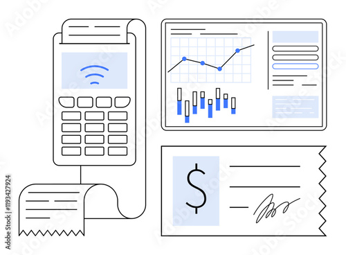 Digital contactless payment terminal with receipt, financial data chart, and signed invoice document. Ideal for finance, business analysis, accounting, e-commerce, transactions, budgeting