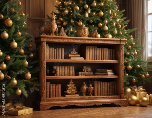 A wooden bookshelf with intricate carvings and a warm golden finish, placed in front of a festive Christmas tree, cozy corner decor, winter wonderland, decorative shelving photo