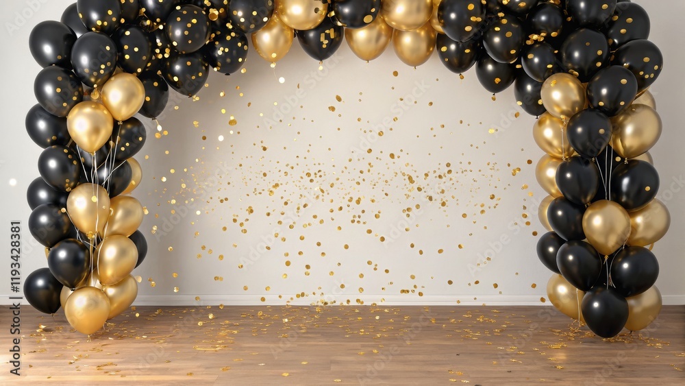 Naklejka premium Golden and Black Balloon Arch with Confetti,Party Decor,Celebration Balloon Arch, Party Decoration
