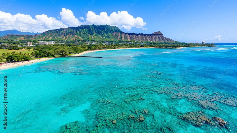 Obraz premium Stunning aerial view of Diamond Head, Waikiki beach, and turquoise ocean with coral reefs.