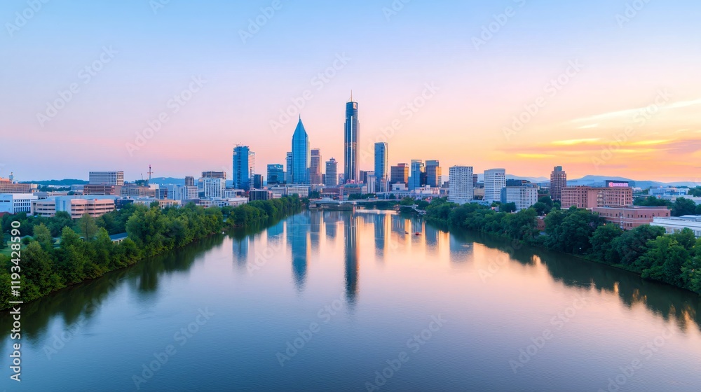 Fototapeta premium Stunning city skyline reflected in calm water at sunrise.