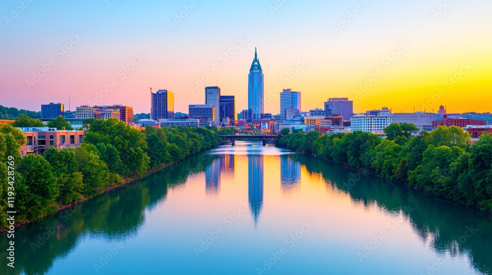Stunning sunrise cityscape reflected in calm river, lush green trees line banks. Stunning sunrise cityscape reflected in calm river, lush green trees line banks.