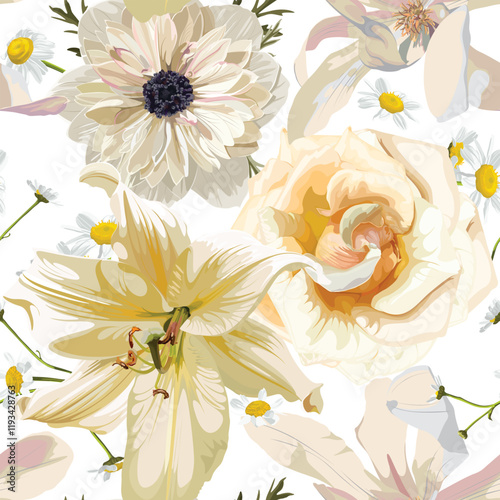 Seamless Pattern. Garden flowers. Magical lily, rose, anemone, magnplia flowers. Realistic vector image. Print for all types of surfaces. Trendy print.