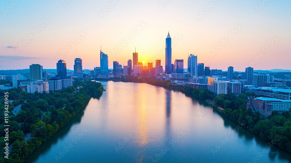Fototapeta premium Stunning sunrise over cityscape reflected in calm river.