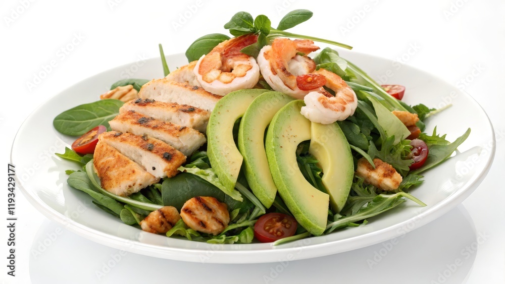Grilled Chicken and Shrimp Salad with Avocado High-Angle Close-up, Food Photography, Healthy Recipe Salad Recipe, Food Styling Grilled Chicken and Shrimp Salad with Avocado High-Angle Close-up, Food Photography, Healthy Recipe Salad Recipe, Food Styling