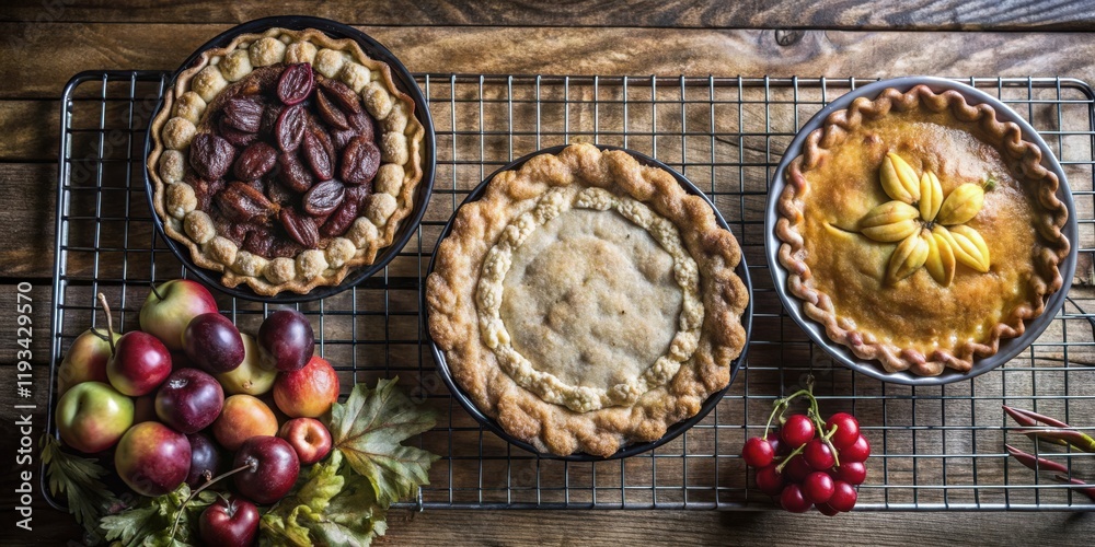A Rustic Still Life Featuring Three Homemade Pies, a Cluster of Fresh Fruit, and a Wire Cooling Rack A Rustic Still Life Featuring Three Homemade Pies, a Cluster of Fresh Fruit, and a Wire Cooling Rack