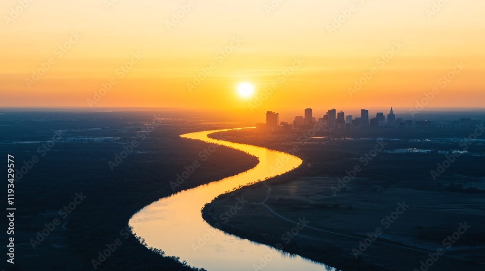 Fototapeta premium Sunrise over city skyline with meandering river.